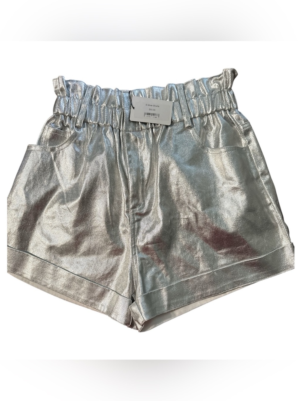 Metallic Silver Paper Bag Shorts NWT High Shine Elastic Waist Pockets Small